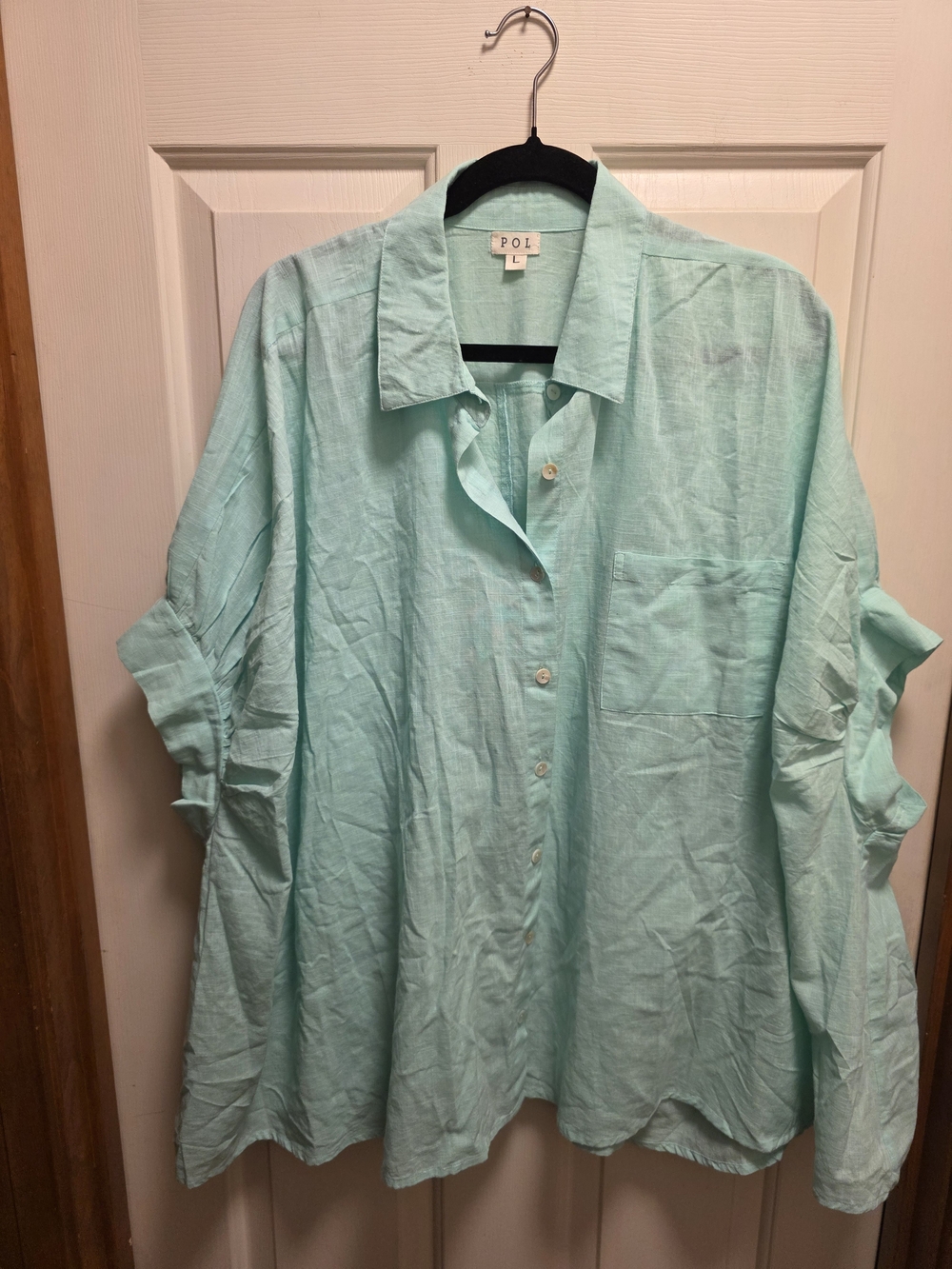 POL Dolman Sleeve Mint Green Button-Down Linen Shirt Size L EUC - Picture 5 of 10